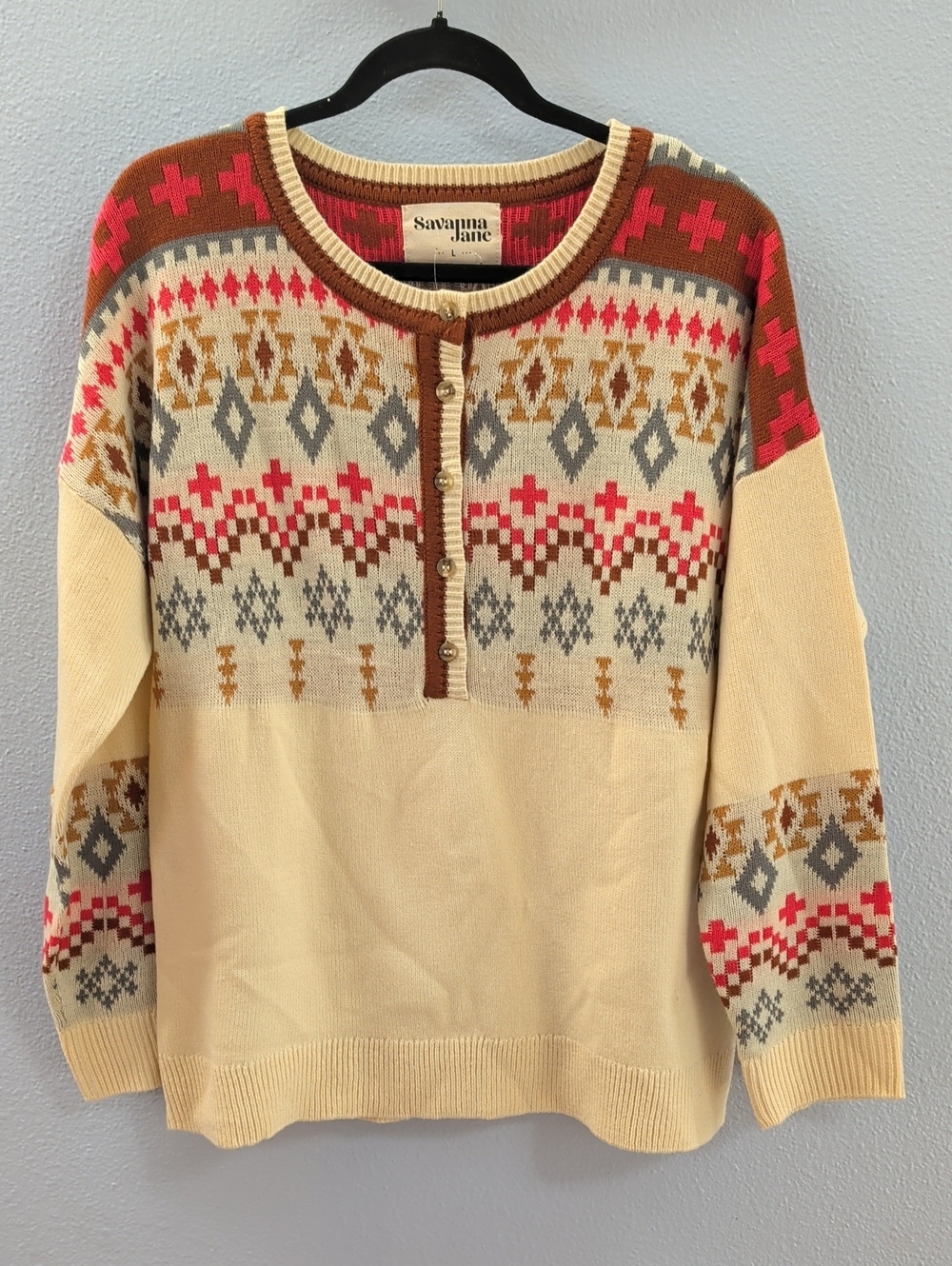 Savanna Jane The Aspen Cream Fair Isle Henley Sweater